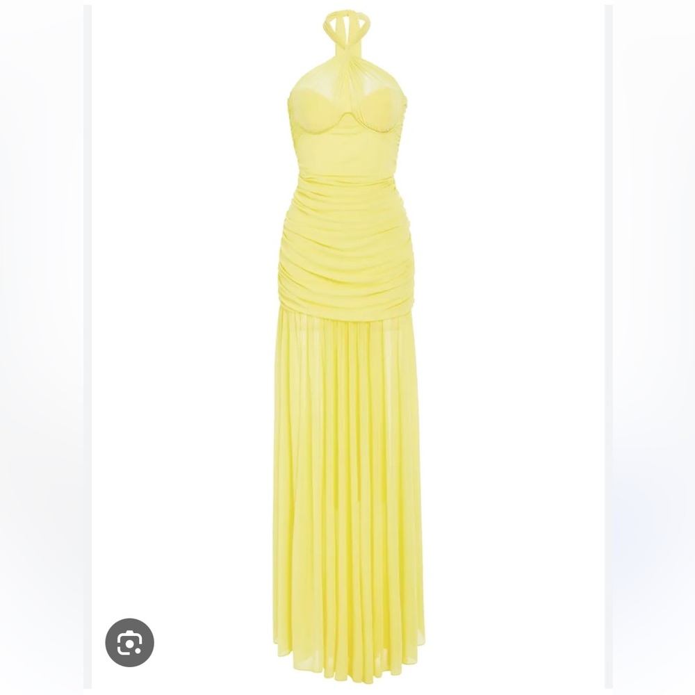Retrofete Yellow Halter Ruched Maxi Dress